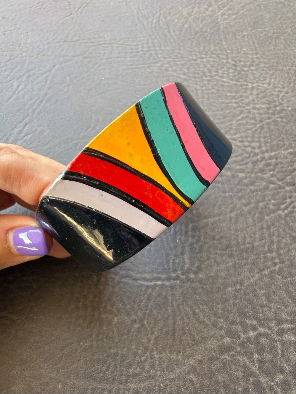 Vintage Black Enamel Bracelet with Red, Yellow, Pink Teal Stripes wood bangle